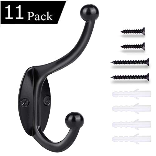 Product Cover 11 Pack Dual Coat Hooks Wall Mounted Heavy Duty Metal Hooks Utility Hooks Robe Hook Rustic Double Hooks Coat Hanger and 44 Screws for Coat, Scarf, Bag, Towel, Key, Cap, Cup, Hat (Black)