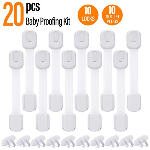 Product Cover Child Safety Cabinet Locks - Baby Proofing Latches to Drawer Door Fridge Oven Toilet Seat Kitchen Cupboard Appliance Trash Can with 3M Adhesive - Adjustable Strap No Drill No Tool 10 Pack (White)
