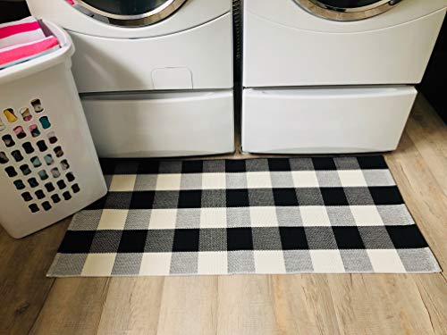 Product Cover Buffalo Plaid Rug - Black and White Check Door Mat Outdoor - Farmhouse Rugs for Kitchen/Bathroom/Front Porch/Decor - Layered Welcome Doormats - Checkered Flannel Cotton Entry Way Layering Mats 24