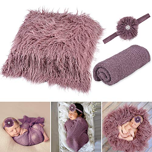Product Cover Baby Photo Props Newborn,Aniwon 3PCS Long Ripple Newborn Photography Wraps Blanket Swaddle Wrap Infant Outfits Soft Photography Mat Rug with Baby Headband for Baby Boys Girls