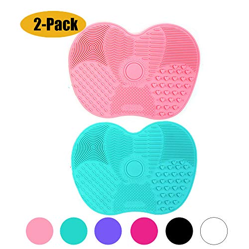 Product Cover [2-Pack] Makeup Brush Cleaning Mat, Silicone Portable Brush Cleaner Pad Washing Tools with Suction Cups (Pink+Green)