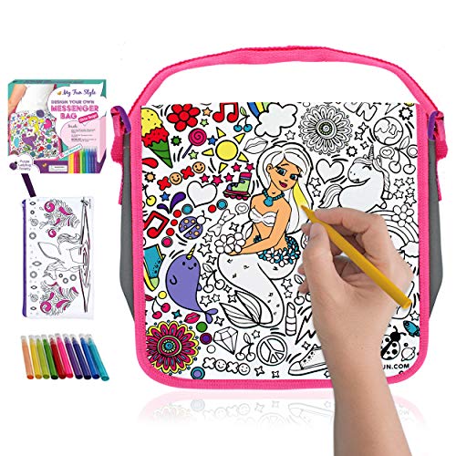 Product Cover Decorate Your Own Messenger Bag For Girls! Color Your Own Bag for Kids with Vibrant Markers Plus a Bonus Pencil Case! Fun DIY Coloring Arts and Crafts Set, Great for School & Travel, Unique Girl Gifts