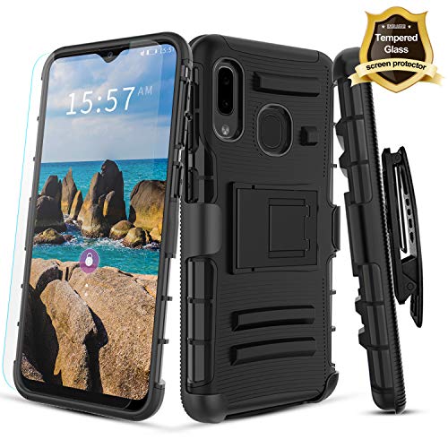 Product Cover IRUNME Samsung Galaxy A10e case,Galaxy A20e Case with [2packs] [Tempered Glass Screen Protector], Belt Clip [Built-in Kickstand] for Men/Women(Black)