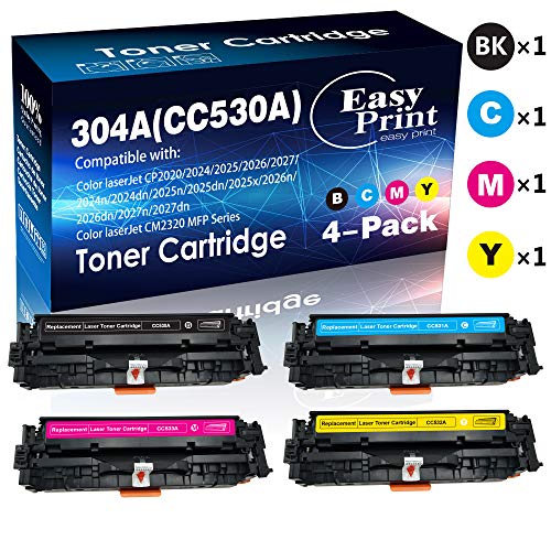 Product Cover Compatible (4-Pack, BK+C+M+Y) 304A CC530A Toner Cartridge CC531A CC532A CC533A Used for HP Color Laserjet CP2020/2024dn/2025dn/2026dn/2027dn CM2320 MFP Series Printer, by EasyPrint