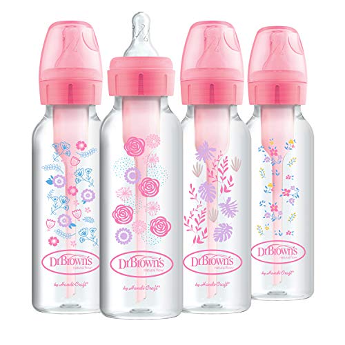 Product Cover Dr. Brown's Options+ Baby Bottles, 8 oz/250ml, Narrow Bottle, Pink Floral Designs, 4 Pack