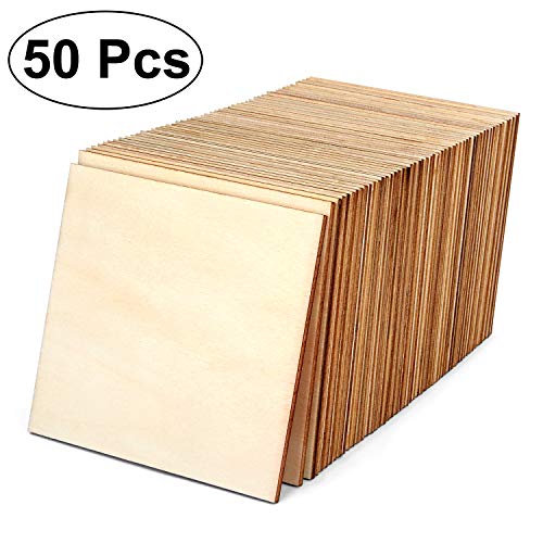 Product Cover Blisstime 4 Inch Unfinished Wood Squares Pieces Natural Wood Coasters Wooden Square Cutouts for Painting, Writing, DIY Supplies, Engraving and Carving, Home Decorations (50)