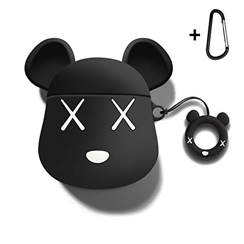 Product Cover MOLOVA Case for Airpods Case,AirPods 2 Case,Airpods Accessories,Airpods Skin, Cute Cartoon Bear Shock Proof Cover Compatiable with Apple AirPods Wireless Charging Case with Ring Rope Keychain (Black)