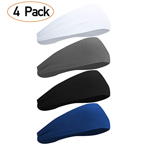 Product Cover JOEYOUNG Sport Headbands for Men and Women - Mens Headband, Workout Sweatband Headband for Running, Yoga, Fitness, Gym - Performance Stretch/Lightweight (4PCS-Black+White+Grey+Dark Blue)
