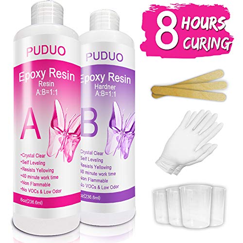 Product Cover Epoxy-Resin-Crystal-Clear-Kit for Art, Jewelry, Crafts，Coating- 16 Oz | Bonus 4 pcs Graduated Cups, 3pcs Sticks, 1 Pair Rubber Gloves by Puduo