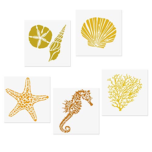Product Cover CODOHI 5 Mixed Media Sea Creatures Animals Stencils Set - Starfish, Conch, Seahorse, Coral, Shell Designs, 5.1x5.1