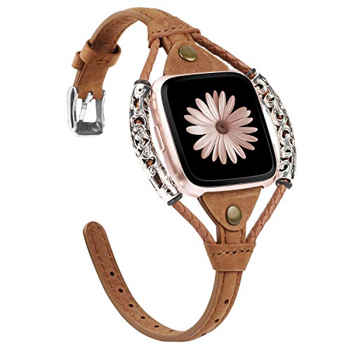 Product Cover TOYOUTHS Leather Strap Compatible with Fitbit Versa/Versa 2 Bands for Women Slim Genuine Leather Wristbands Replacement Versa Lite Special Edition Dressy Handmade Accessories Scrub Brown