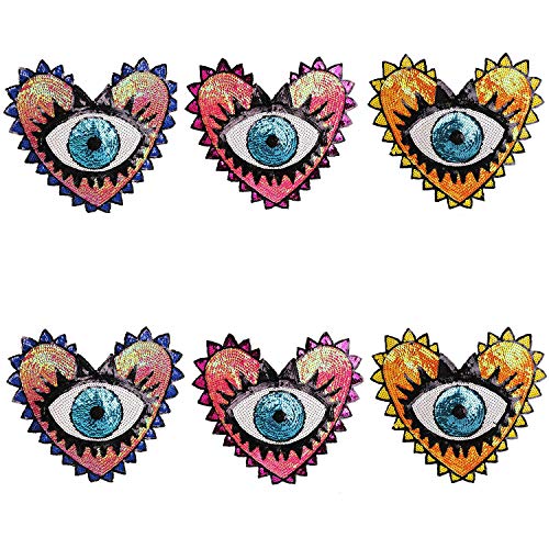 Product Cover MIAO JIN 6 Pcs Love Shape Large Sequin Heart Evil Eyes Motif Applique Patch Embroidery for Garment Accessory (3 Colors)