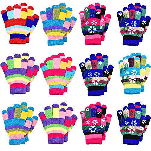 Product Cover 12 Pairs Unisex Kids Gloves Stretch Full Finger Mittens Knitted Gloves Winter Warm Knitted Gloves for Boys and Girls Supplies, Mixed Colors
