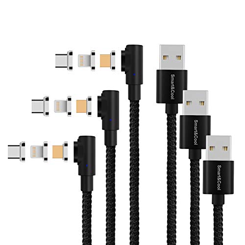Product Cover Smart&Cool Gen-X 3 in 1 Magnetic Charging Cable, Support Max 3.0A Charging Current & Data Sync, Compatible with i-Product, USB-C and Micro-USB Devices(L-Shaped/Black, Pack of 3/5')