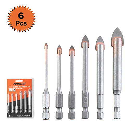 Product Cover Tile Glass Drill Bits Set, 6Pcs Masonry Carbide Tips Drilling Bits for Soft Ceramic Tile, Mirror, Plastic | Spiral Slot 1/8, 3/16, 1/4, 5/16, 3/8, 1/2 Inch