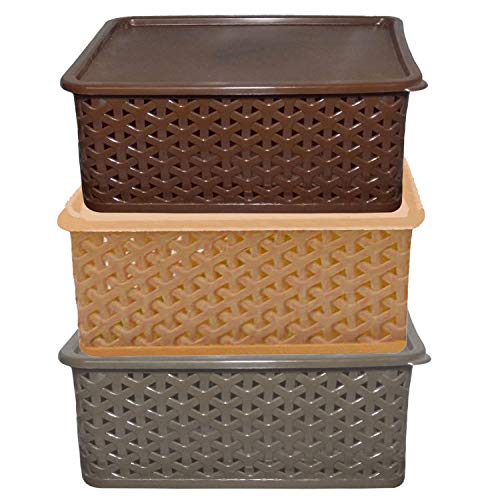 Product Cover Kuber Industries Plastic 3 Pieces Big Size Multipurpose Solitaire Storage Basket with Lid (Multi) -CTLTC10908