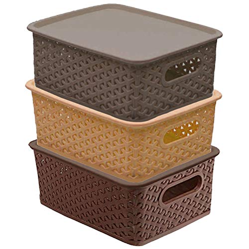 Product Cover Kuber Industries Plastic 3 Pieces Big Size Multipurpose Solitaire Storage Basket with Lid (Multi) -CTLTC10906