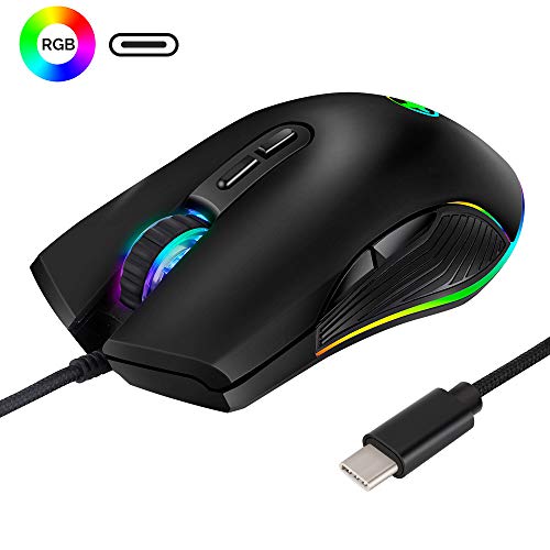 Product Cover USB C Mouse, Ergonomic Type-C Mouse with Backlight, up to 3200 DPI, RGB Wired Gaming Mouse for MacBook Pro, Matebook X, MacBook 12