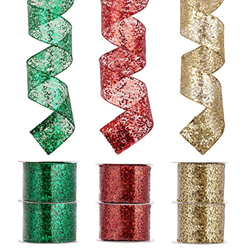 Product Cover Wired Edge Christmas Ribbon, Assorted Swirl Sheer Crafts Holiday Decor Ribbons DIY Xmas Design Decorations, 36 Yards (6 Roll x 6 yd) by 2-1/2 inch - Green/Red/Gold