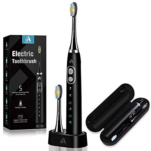 Product Cover Proalpha Sonic Rechargeable Electric Toothbrush for Adults, 5 Optional Brushing Modes Waterproof Toothbrushes with 6 Replacement Heads & 2 Minutes Timer, Travel Case Included (black)