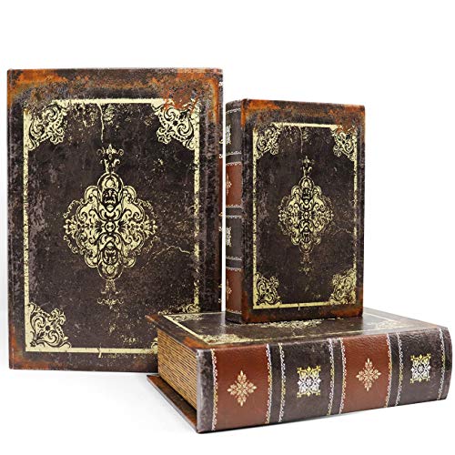 Product Cover Jolitac Decorative Book Boxes World Map Pattern Antique Book Invisible Box with Magnetic Cover, Faux Wood Set of 3 Storage Set (Dark Vintage)