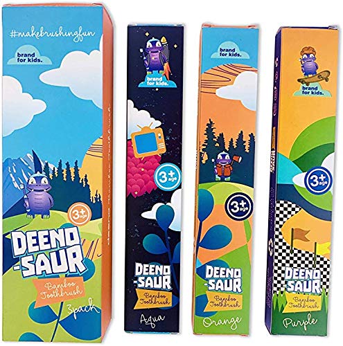 Product Cover DEENO-Saur Organic Children's Bamboo Toothbrush for Ages 3+ | Three Colour | Soft Fibre Bristles | Plastic and BPA Free | 100% Biodegradable | Vegan Eco Friendly Kids Toothbrushes by Deeno