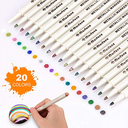 Product Cover Metallic Markers, Morfone Set of 20 Colors Paint Marker Pens for Black Paper, Scrapbook, Card Making, Rock Painting, Glass, Ceramic, Wood, Metal, Plastic (Fine tip)