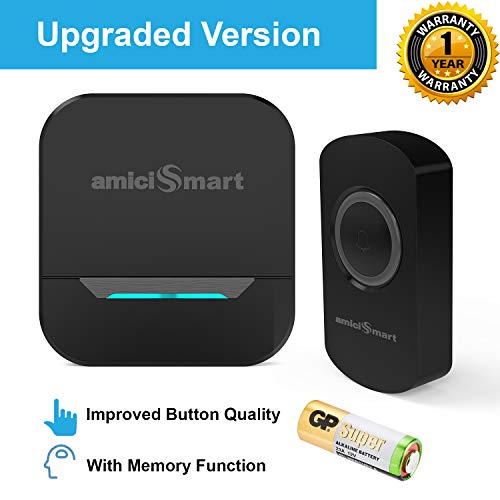 Product Cover amiciSmart Wireless Doorbell Long Range Waterproof Push Button and Plug-in Receiver, LED Flash 32 Chime Tunes 3 Volume Levels with Battery (Black)