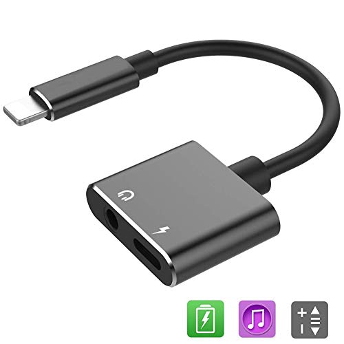 Product Cover Dual Headphone Adapter 3.5 mm Aux Jack 2 in 1 Charger Adapter Compatible with Apple iPhone 11 Pro Max/11 Pro/11/Xs Max/Xs/Xr/X/8/8 Plus/7/7 Plus/iPad - Black