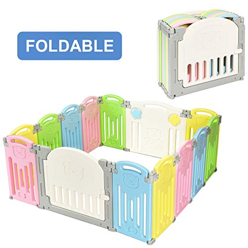 Product Cover Costzon Baby Playpen, 14-Panel Foldable Kids Safety Activity Center Playard w/Locking Gate, Non-Slip Rubber Mats, Adjustable Shape, Portable Design for Indoor Outdoor Use (Colorful, 14-Panel)