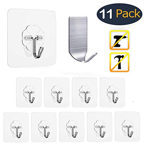 Product Cover FOWOKAW Transparent Seamless Adhesive Hooks 15lb(Max),Waterproof and Oilproof,Bathroom Kitchen Heavy Duty Self Wall Hooks,11 Pack