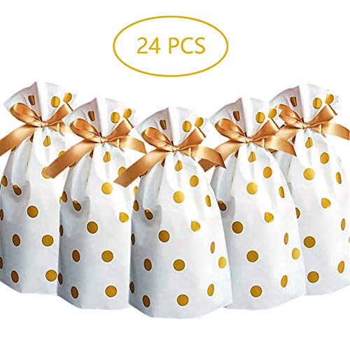 Product Cover 24pcs Treat Bags Party Favor Bags Gold Plastic Drawstring Gift Bags Candy Goodies Bags Food Storage Bags Gift Wrapping Package for Birthday Party Wedding Baby Shower Bridal Shower Holiday Party