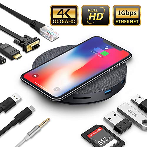 Product Cover 2019 Version USB C Hub with Wireless Charger,11 in 1 USB C Adapter with Ethernet,4K USB C to HDMI,VGA,3 USB3.0 PD,SD TF Card Reader,Audio/Mic,for MacBook Pro,Ipad Pro and Other Type C Laptops