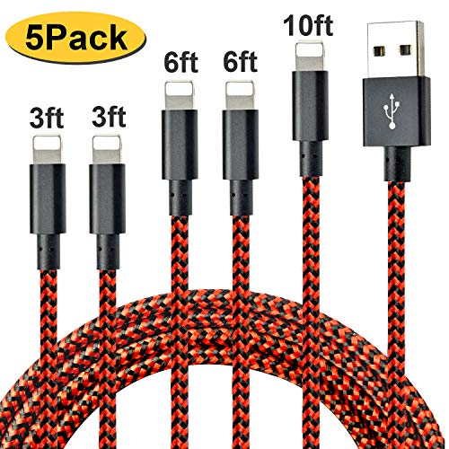 Product Cover Longlidie Nylon Braided Cable Compatible with iPhone Charger, 5 Pack[3/3/6/6/10FT] MFi Certified USB Lightning Cable Charging Cord for iPhone X/Max/11/8/7/6/6S/5/5S/SE/Plus/iPad - Black Red