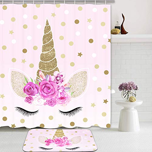 Product Cover Romeooera 2 Piece Unicorn Shower Curtain Sets with Non Slip Rugs, Pink Unicorn Shower Curtain Waterproof with 12 Hooks for Girls Kids Bathroom