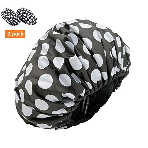 Product Cover Shower Cap For Women Reusable Waterproof Terry Lined Bath Cap Washable Black White Plus Size Double Layers Shower Caps For Long Hair Women With Elastic Band NAEE