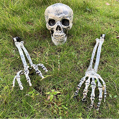 Product Cover HINZER Halloween Graveyard Décor Realistic Skull Skeleton Stakes Ground Breaker - 1 Realistic Skull and 2 Forearms Prop Skeleton for Outdoor Yard Lawn Stake Halloween Decorations