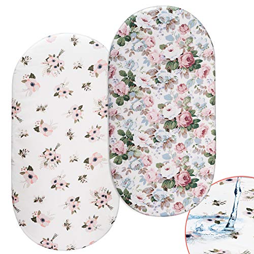 Product Cover Momcozy Floral Bassinet Sheets, 2 Pack Waterproof Sheet Set for Baby Girls, Fit for Bassinet Mattress Pad Cover, Like Oval Halo, Chicco Lullago, Mini Co-Sleepers, Ingenuity