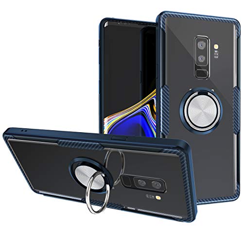 Product Cover Samsung Galaxy S9 Plus Case | Transparent Crystal Clear Cover | Carbon Fiber Trim & Rubber Bumper | 360° Rotating Magnetic Finger Ring | Kickstand | Compatible with Samsung Galaxy S9 Plus - Blue