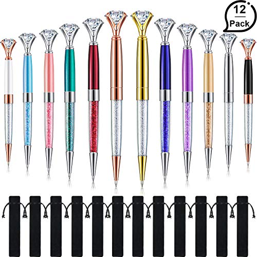 Product Cover 12 Pieces Diamond Pens Rhinestones Crystal Metal Ballpoint Pens Black Ink with Black Velvet Bags for School Office Supplies Gifts