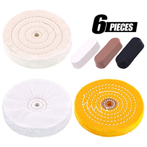 Product Cover Swpeet 6Pcs 6 Inch Professional Buffing Polishing Wheels with 3 Colors Polishing Compounds Kit, Including Cotton (60 Ply), Yellow (42 Ply) and Flannel (30 Ply) with 1/2