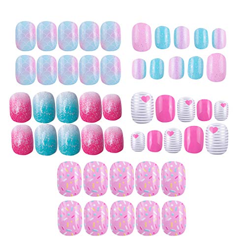 Product Cover 120 pcs 5 pack Children Nails Press on Pre-glue Full Cover Glitter Gradient Color Rainbow Short False Nail Kits Great Christmas Gift for Kids Little Girls - Multicolor Gradient Series