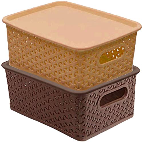 Product Cover Kuber Industries Plastic 2 Pieces Medium Size Multipurpose Solitaire Storage Basket with Lid (Multi) -CTLTC010888