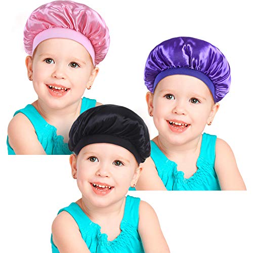 Product Cover 3 Pieces Kids Satin Bonnets Night Sleep Caps Wide Band Sleeping Hats for Kids Toddler Children Baby (Pink, Dark Purple, Black)