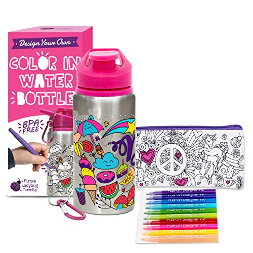 Product Cover Color Your Own Water Bottle for Girls with 10 Bright Markers, Rhinestone Gem Stickers Plus a Bonus Pencil Case! BPA Free Kids Water Bottle! Cute Gift for Girl, Fun DIY Art and Craft Set for Children