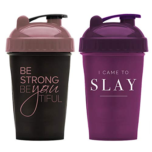 Product Cover GOMOYO Motivational Quotes on Performa Perfect Shaker Bottle, 20 Ounce Classic Protein Shaker Bottle, Actionrod Mixing, Dishwasher Safe, Leak Proof (BeYouTiful Black/Rose & Slay Plum - 2 Pack)