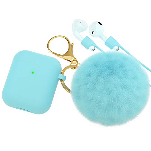 Product Cover BRG for AirPods Case,Soft Cute Silicone Cover for Apple Airpods 2 & 1 Cases with Pom Pom Fur Ball Keychain/Strap/Earbuds Accessories (Front LED Visible)