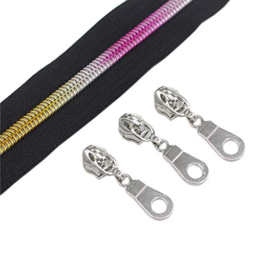 Product Cover YaHoGa #5 Colorful Teeth Metallic Nylon Coil Zippers by The Yard Bulk 10 Yards with 25pcs Silver Sliders for DIY Sewing Tailor Craft Bags (Black Tape)