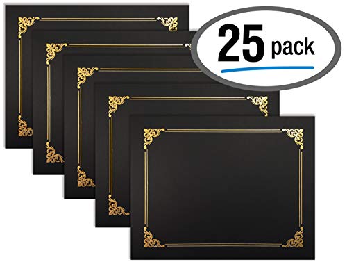Product Cover 25 Pack Black Certificate Holders, Diploma Holders, Document Covers with Gold Foil Border, by Better Office Products, for Letter Size Paper, 25 Count, Black