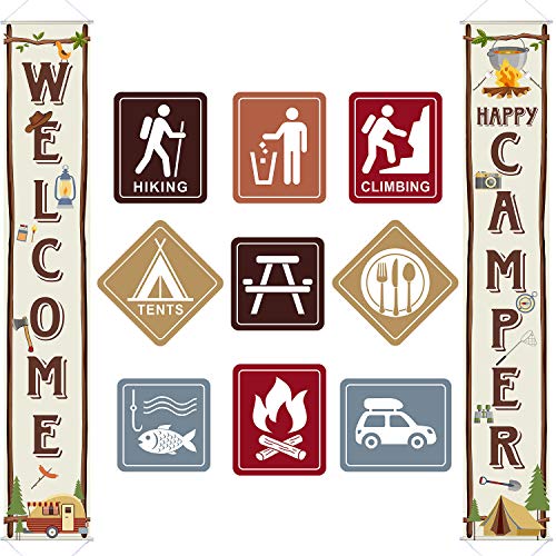 Product Cover Camping Themed Party Decorations Set, Big Size Laminated Camping Sign Cutouts, Camping Party Banner Welcome Porch Sign for Camping Themed Birthday Baby Shower Decorations